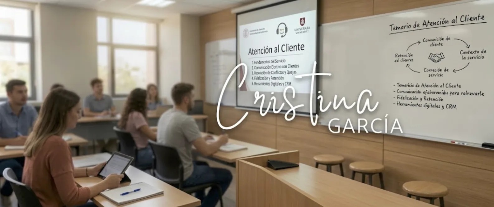 Aula de formación con alumnos y el nombre Cristina García